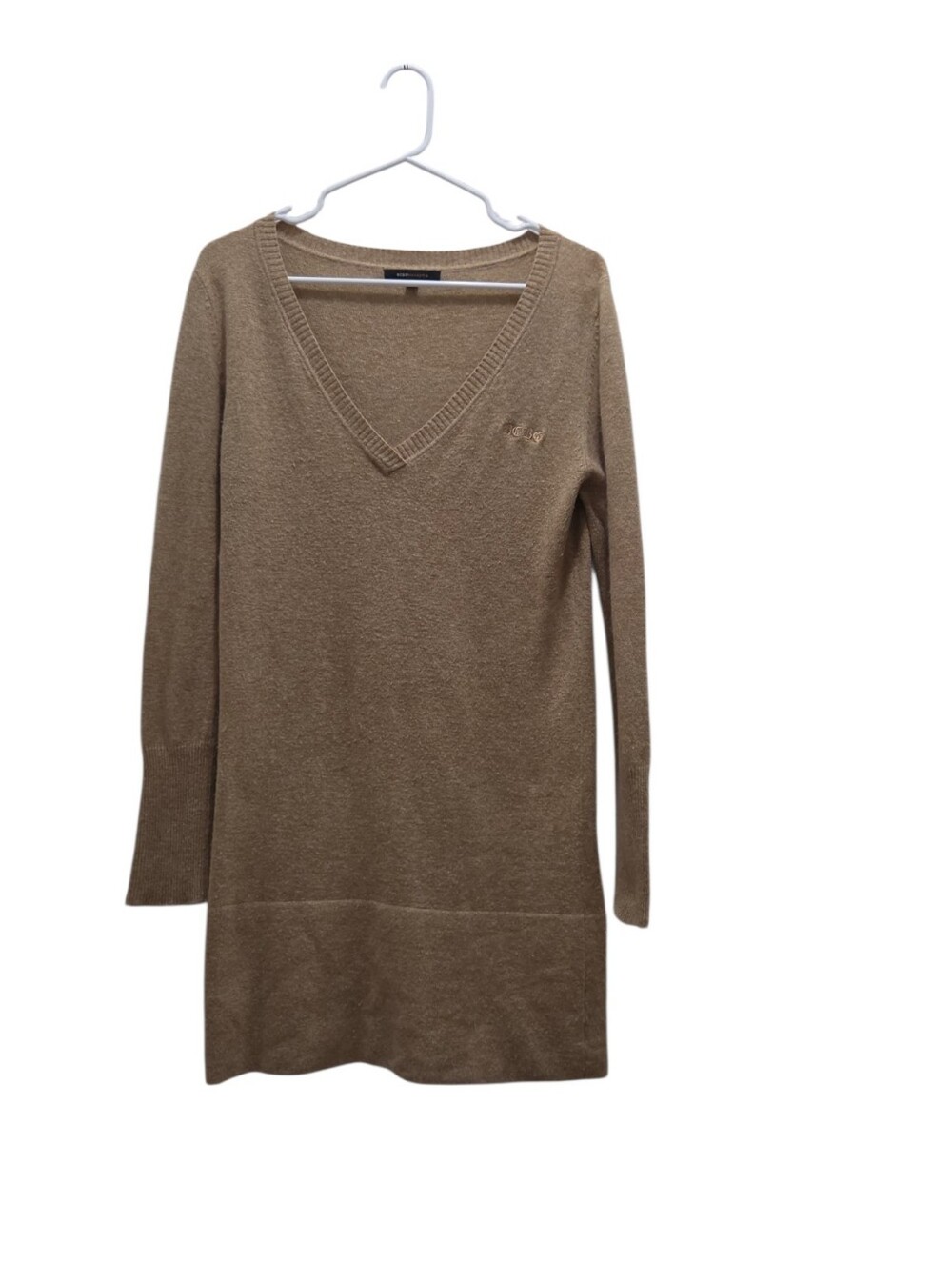 BCBGMAXAZRIA XL Camel Angora Wool Blend V Neck Tunic Sweater Longline Pullover